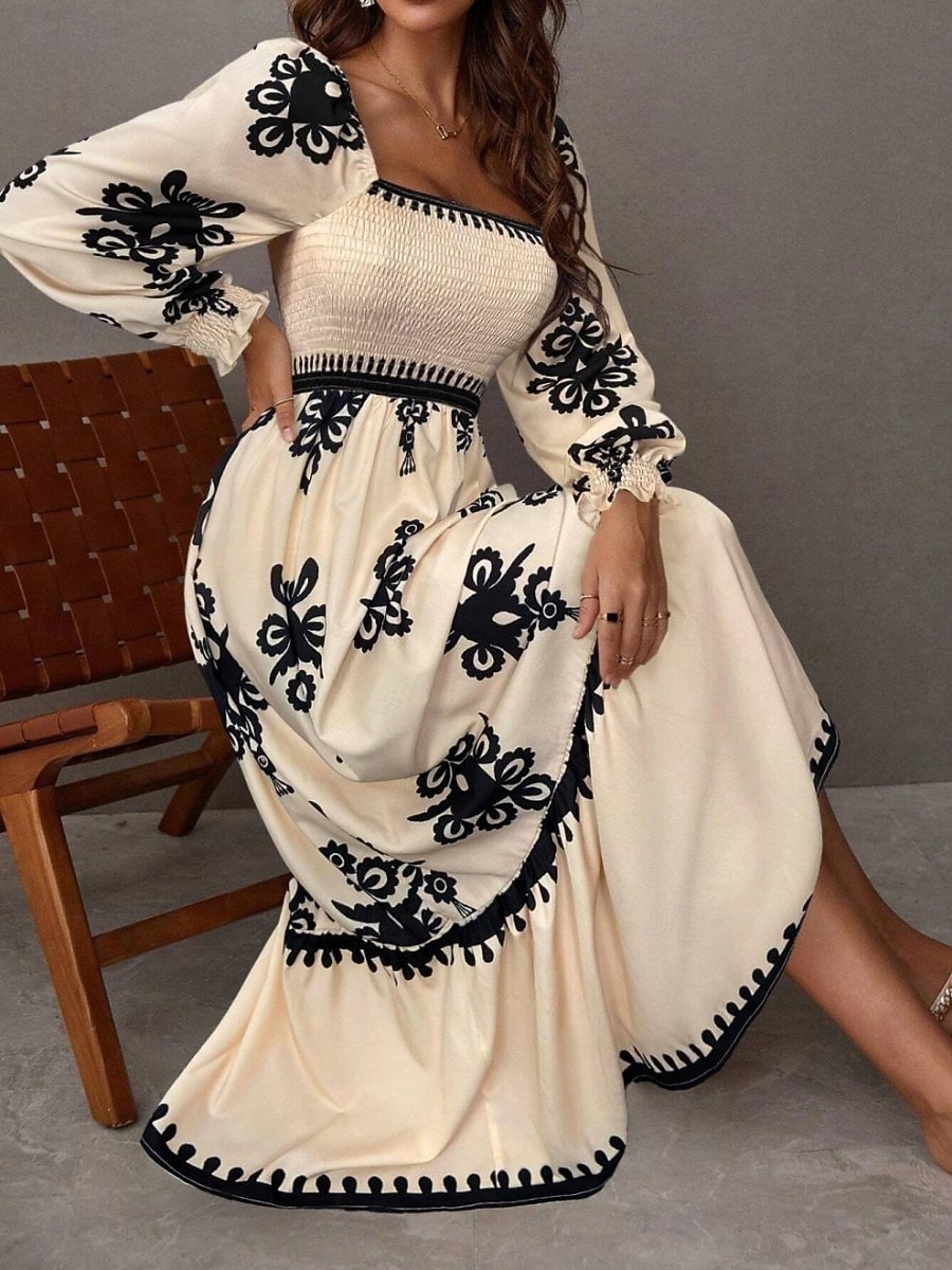 Mujer Vestido maxi Vestido de una línea Vestido de flores Elegante Moda Moderno Exterior Vacaciones Fiesta Ajuste regular Floral Manga Larga Escote Cuadrado Negro Burdeos Marrón Albaricoque Primavera 2026 - $41.99 –P2