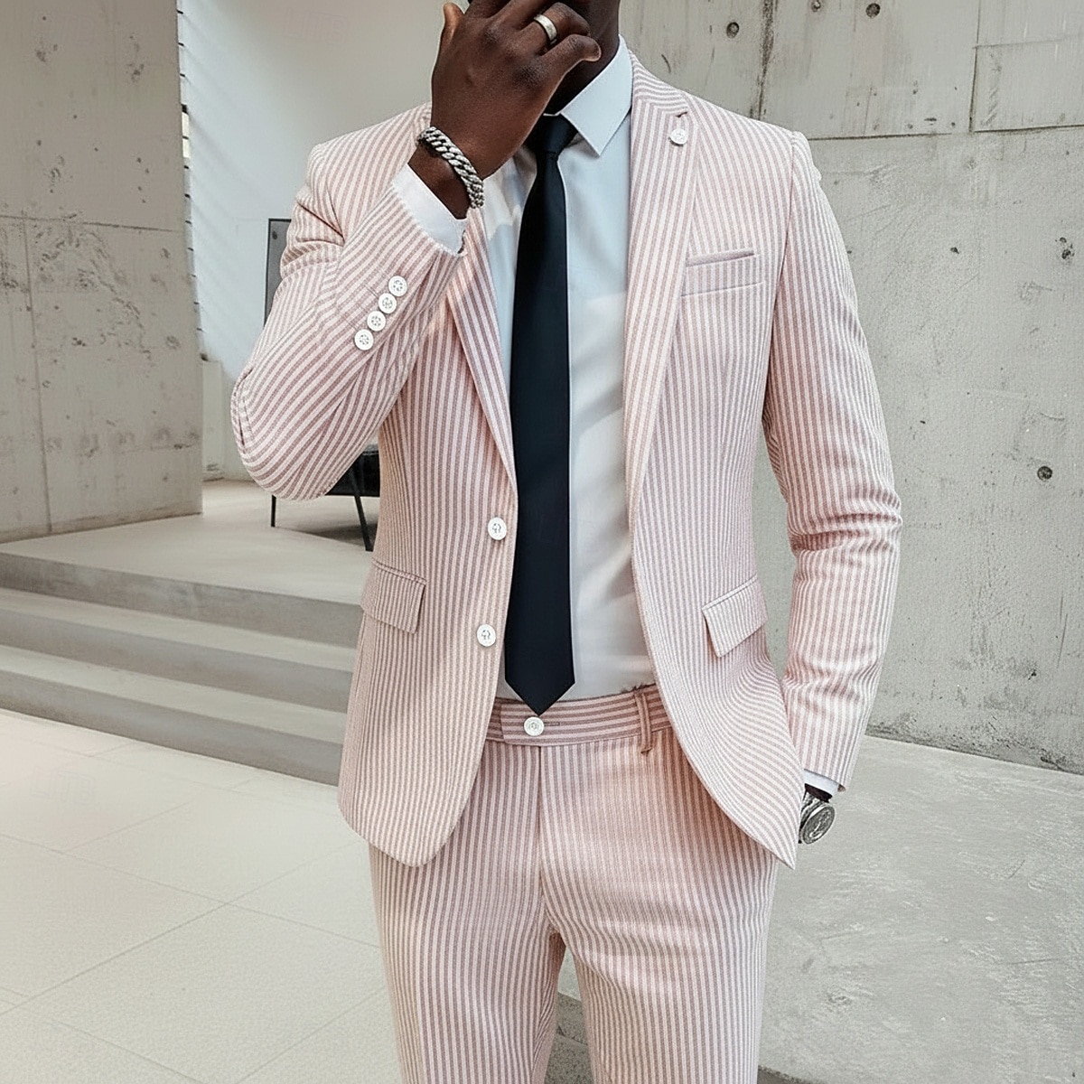 Pour des hommes Costumes en seersucker Mariage à la plage Mariage de printemps Rose Claire Bleu Ciel Printemps & Été Costume / Tailleur Revers Cranté Occasionnel Formel Rayé Coupe Slim 2 pièces de 2026 ? $109.99 –P1