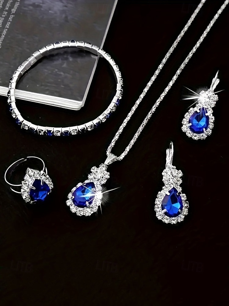 Naisten metalliseoskorusetti, "jotain sinistä" pisarakoru, korvakorut, sormus ja rannekoru, elegantti kimalteleva tyyli morsiamiin, häihin, cocktail-juhliin ja muodollisiin tilaisuuksiin 2026 - $9.99 –P6