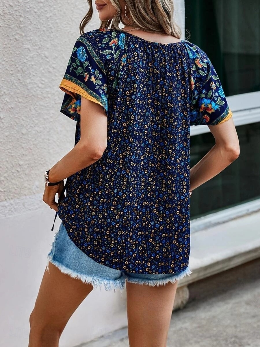 Damen Bluse Druck Blumen Bohemien Vintage Lässig Kurzarm V Ausschnitt Normale Oberteile Täglich Ferien Ausgehen Blau Rote Braun Aprikose Sommer Frühling 2026 - $27.99 –P12