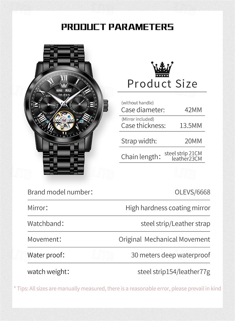 Новые мужские деловые часы Olevs с люминесцентным дисплеем, вечным календарем, календарем и отображением недели. Полностью механические часы с полым ротором для повседневного использования, 2026 - $97.99 –P9
