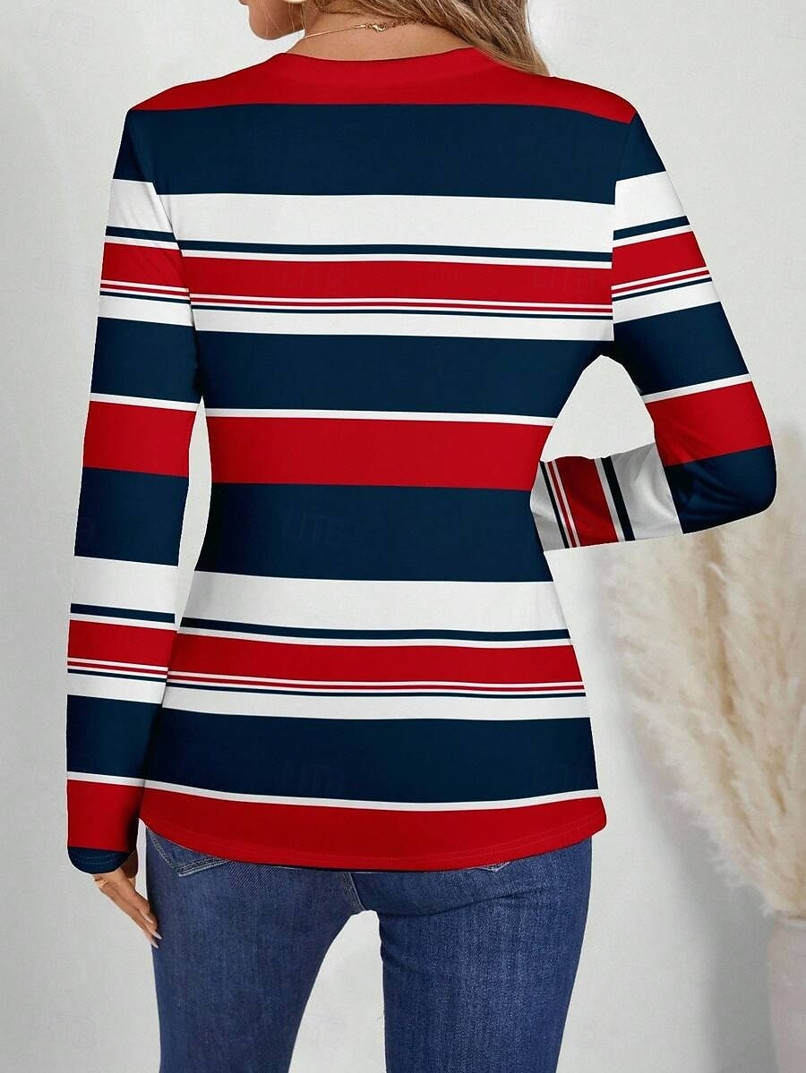 Per donna Maglietta Stampato Grafico A righe Vintage Moda Elegante Manica Lunga Scollo a V Top Regolari Quotidiano Rosso Primavera Autunno del 2026 a $24.99 –P2