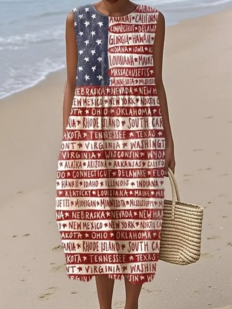 Dia da Independência Mulheres Vestido midi Vestido de turno Vestidos Para o Verão Vestido casual Moda Moderno Diário Ao ar livre Férias Normal Bandeira Sem Manga Gola Redonda Vermelho Verão Primavera de 2026 por $37.99 –P1