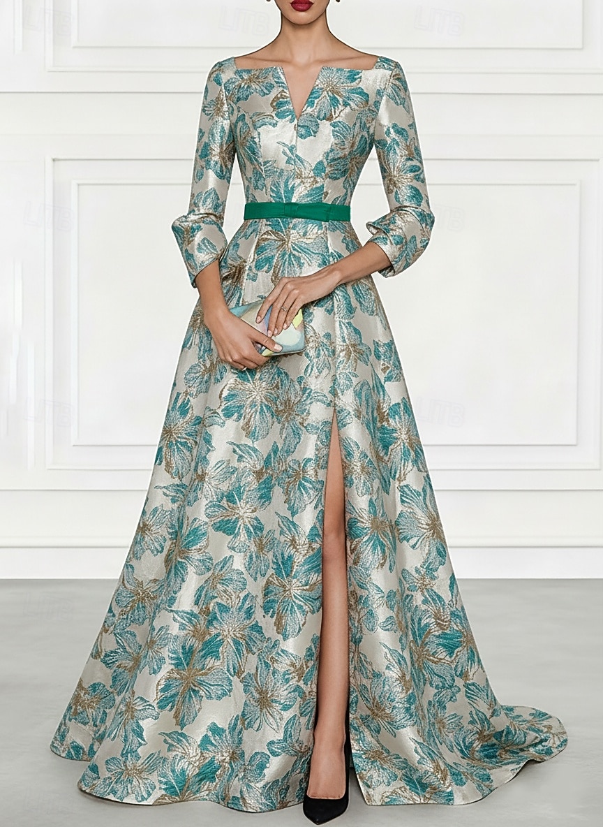 A-Linie Na zem Večerní šaty Elegantní Květinový Pastel 3/4 délka rukávu Hranatý Svatební Formální Žakár s Mašle Rozparkem 2026 - $186.99 –P4