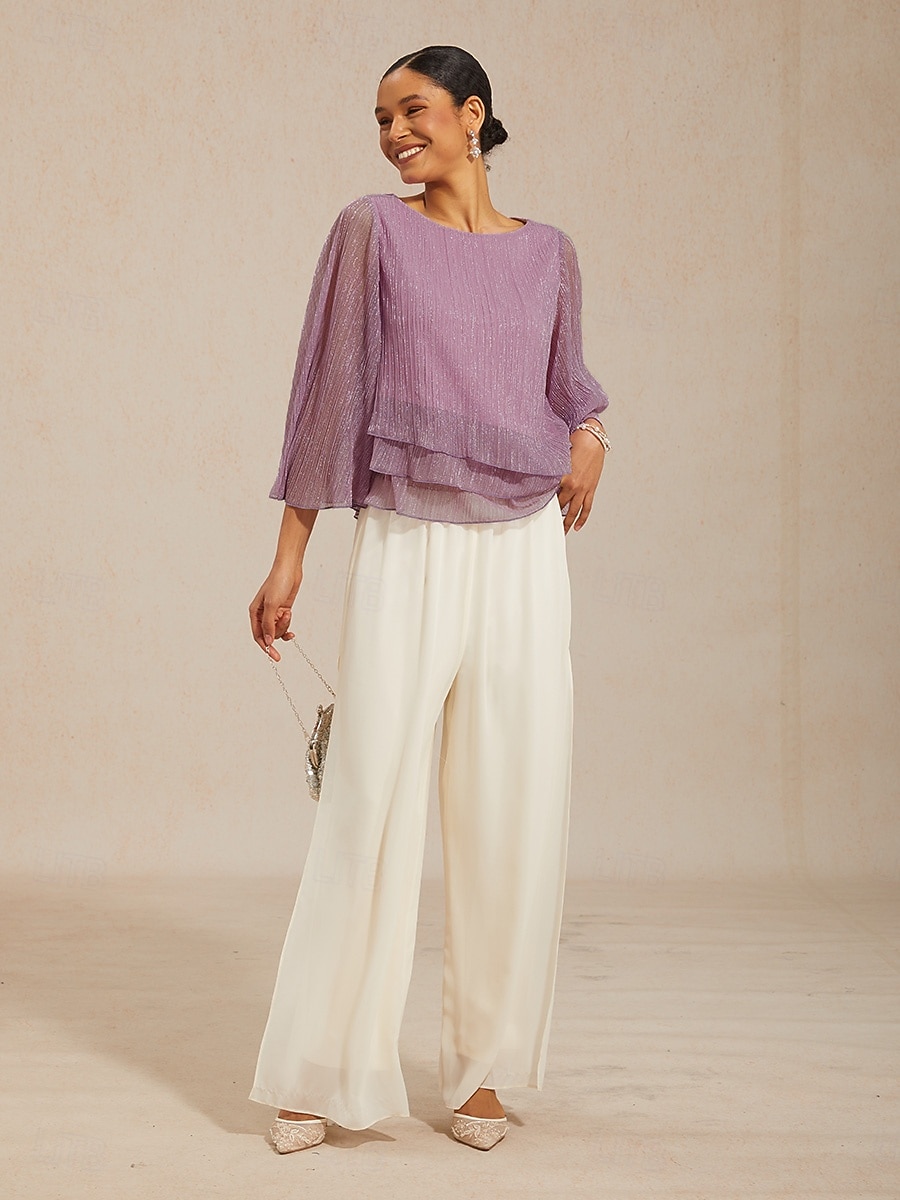 Women's Blouse Chiffon Tops Pleated Layered Metallic Elegant 3/4 Length Sleeve Bell Sleeve Crew Neck Daily Wedding Guest Light Purple Summer Spring Fall 2026 - $59.99 –P10