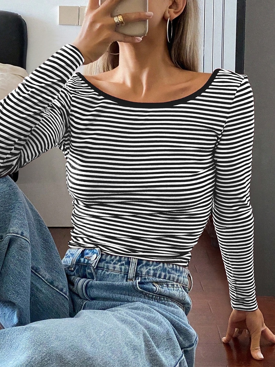 Per donna Maglietta Stampato A righe Moda Elegante Classico Manica Lunga Girocollo Top Regolari Quotidiano Uscire Weekend Nero Rosa Rosso Blu marino Estate Primavera del 2026 a $21.99 –P8