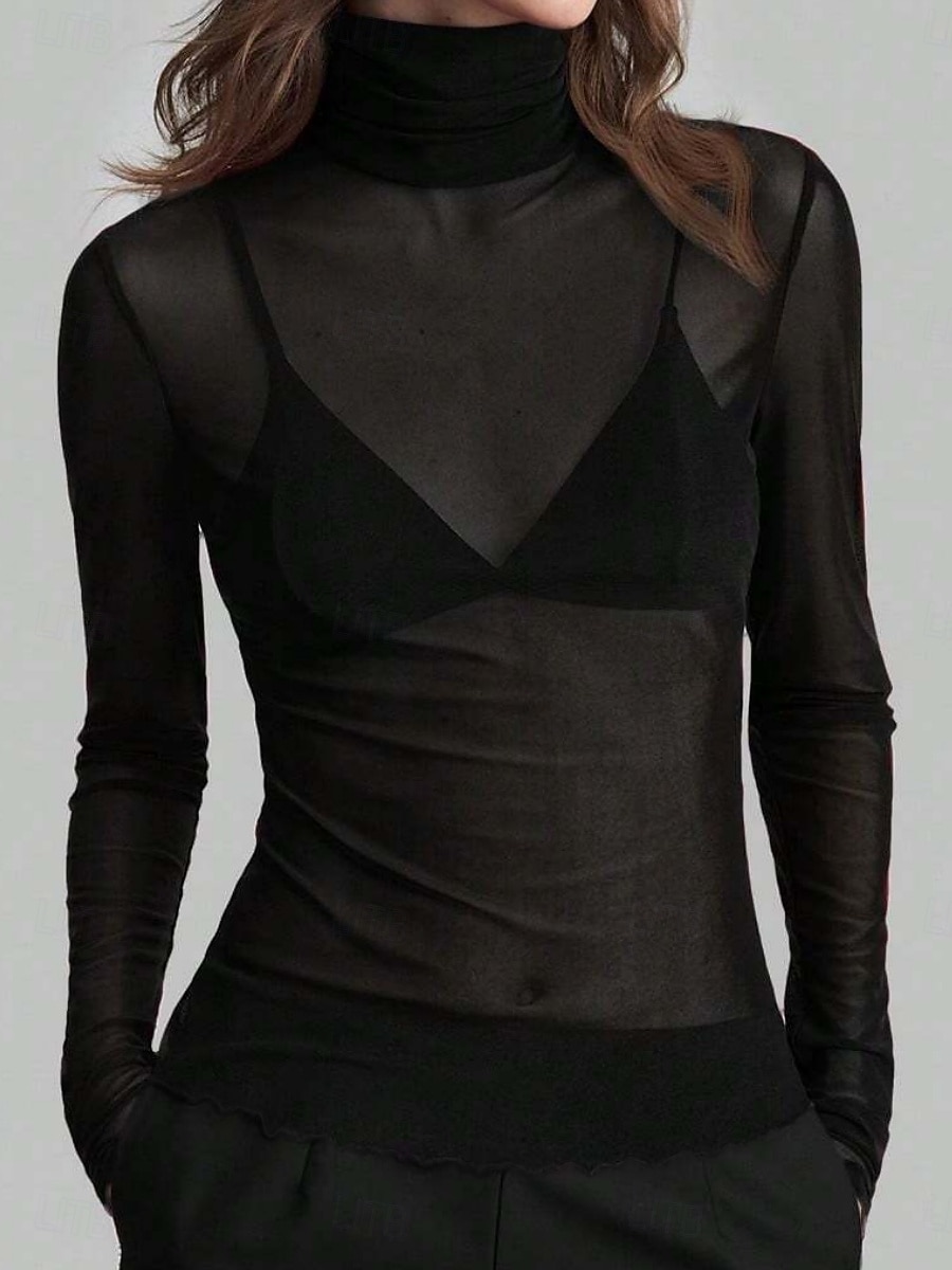 Per donna Blusa Patchwork Rete Tinta unica Elegante Classico Moderno Manica Lunga Dolcevita Top Regolari Quotidiano Ferie Uscire Blu Nero Rosso Marrone Verde Estate Primavera Autunno Inverno del 2026 a $25.99 –P1