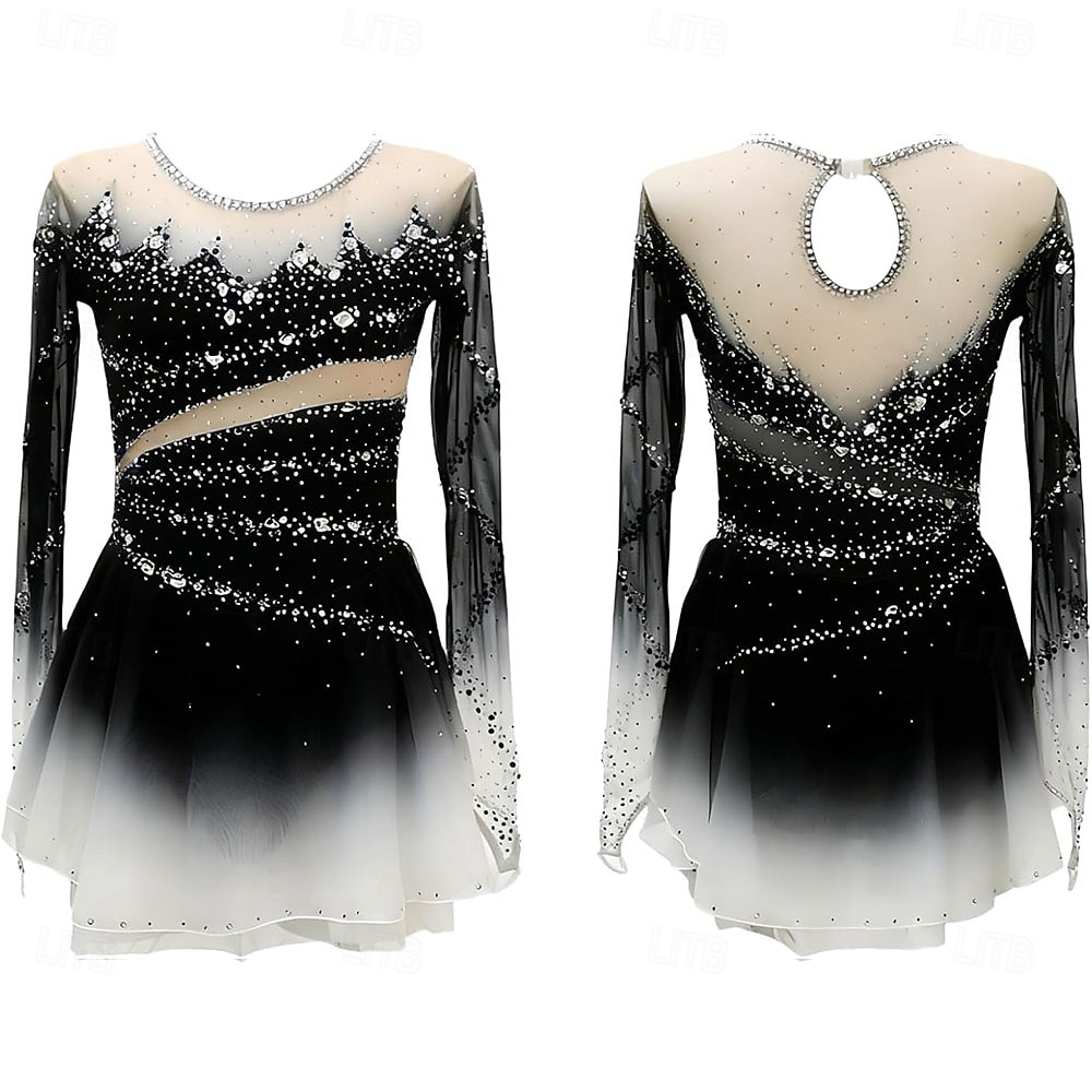 Robe de patinage artistique Femmes Patinage Robe Violet Noir Rouge Patchwork Trou de pouce Haute Élasticité Entraînement Compétition Tenue de Patinage Classique cristal pailleté manche longue de 2026 ? $257.99 –P3