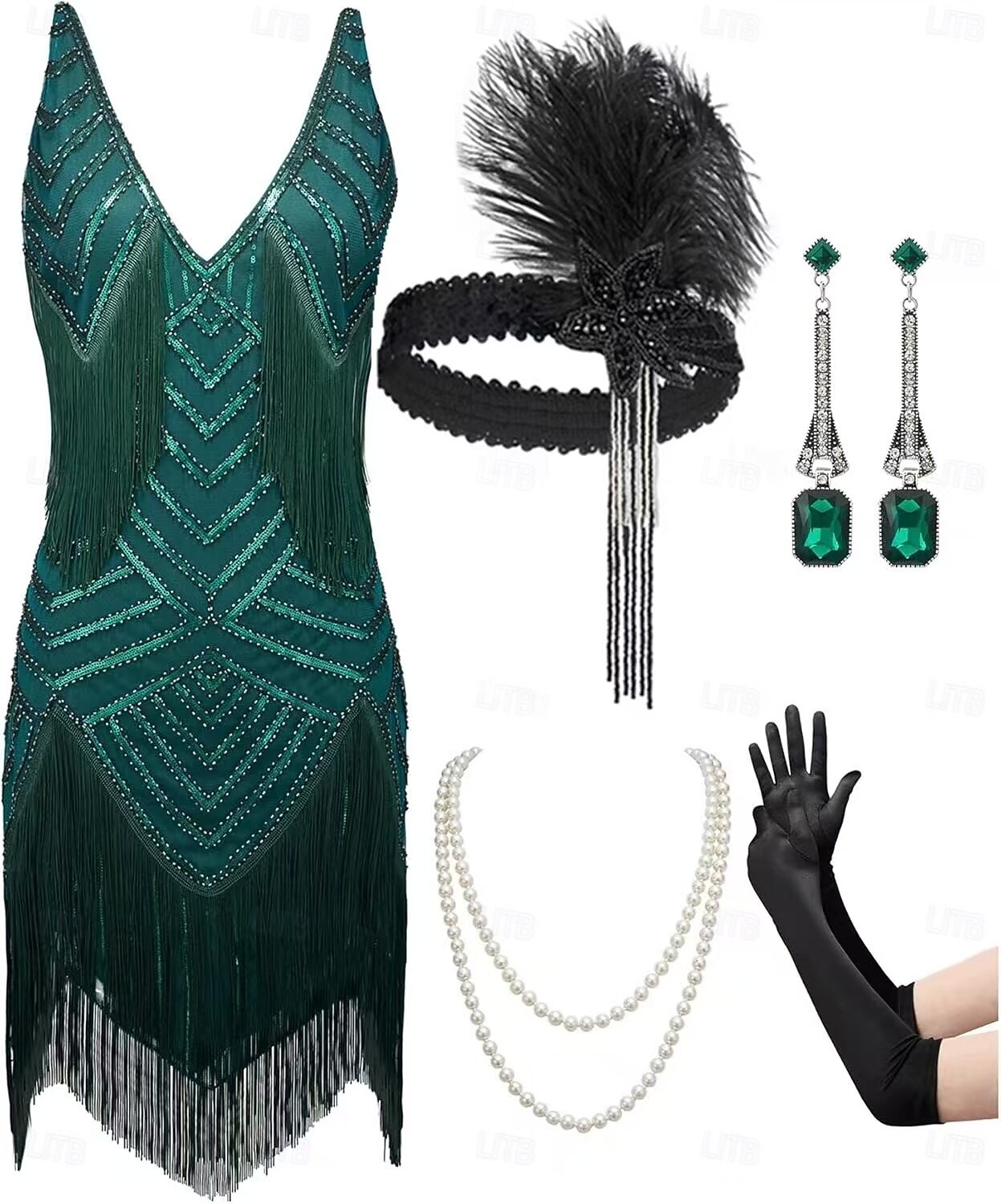 Set Roaring 20s 1920s Mini Dress Flapper Dress Outfits with Accessories Sleeveless The Great Gatsby Charleston Sequins Tassel Fringe Feather Deep V Fancy Dress Women's Carnival New Year Masquerade 2026 - $79.99 –P5