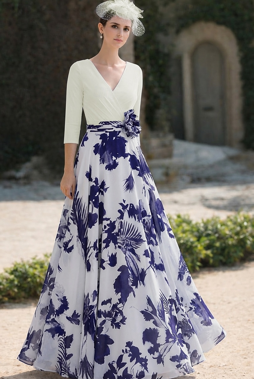 Linha A Vestidos Longo Vestido de convidada de casamento Vestido Para Mãe dos Noivos Manga 3/4 Decote V Elegante Vintage Simples Formal Chiffon com Estampa floral Franzido de 2026 por $182.99 –P4