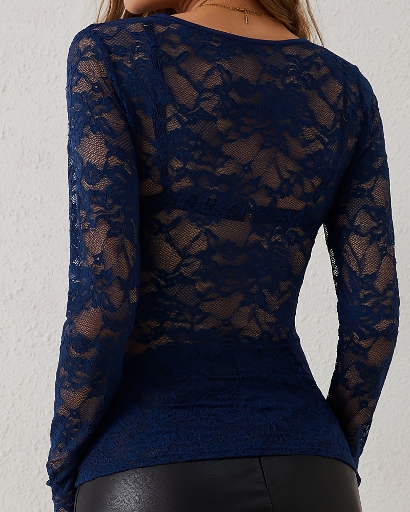 Per donna Blusa Top in pizzo Pizzo Floreale Semplice Elegante Sexy Moderno Manica Lunga Scollo a V Top Regolari Quotidiano Ferie Uscire Blu Nero Bianco Vino Verde Estate Primavera Autunno Inverno del 2026 a $8.49 –P11