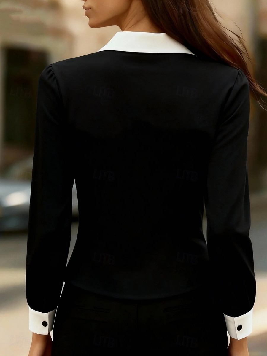 Жен. Блуза Пэчворк Пуговицы Контрастных цветов Элегантный стиль Стиль Классика Длинный рукав Рубашечный воротник Обычные топы Повседневные Офис Черный Белый Коричневый Хаки Весна Осень 2026 - $27.99 –P3