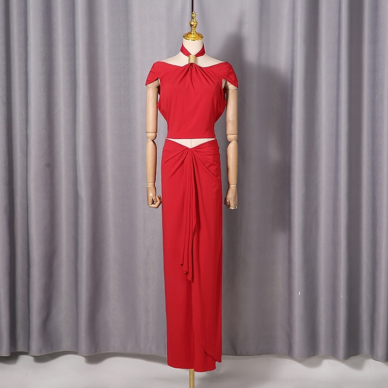 Two Piece Sheath Column Floor Length Wedding Guest Dress Wedding Guest Dresses Elegant Daily Cap Sleeve Halter Neck Garden Party Wedding with Ruched 2026 - $126.99 –P7