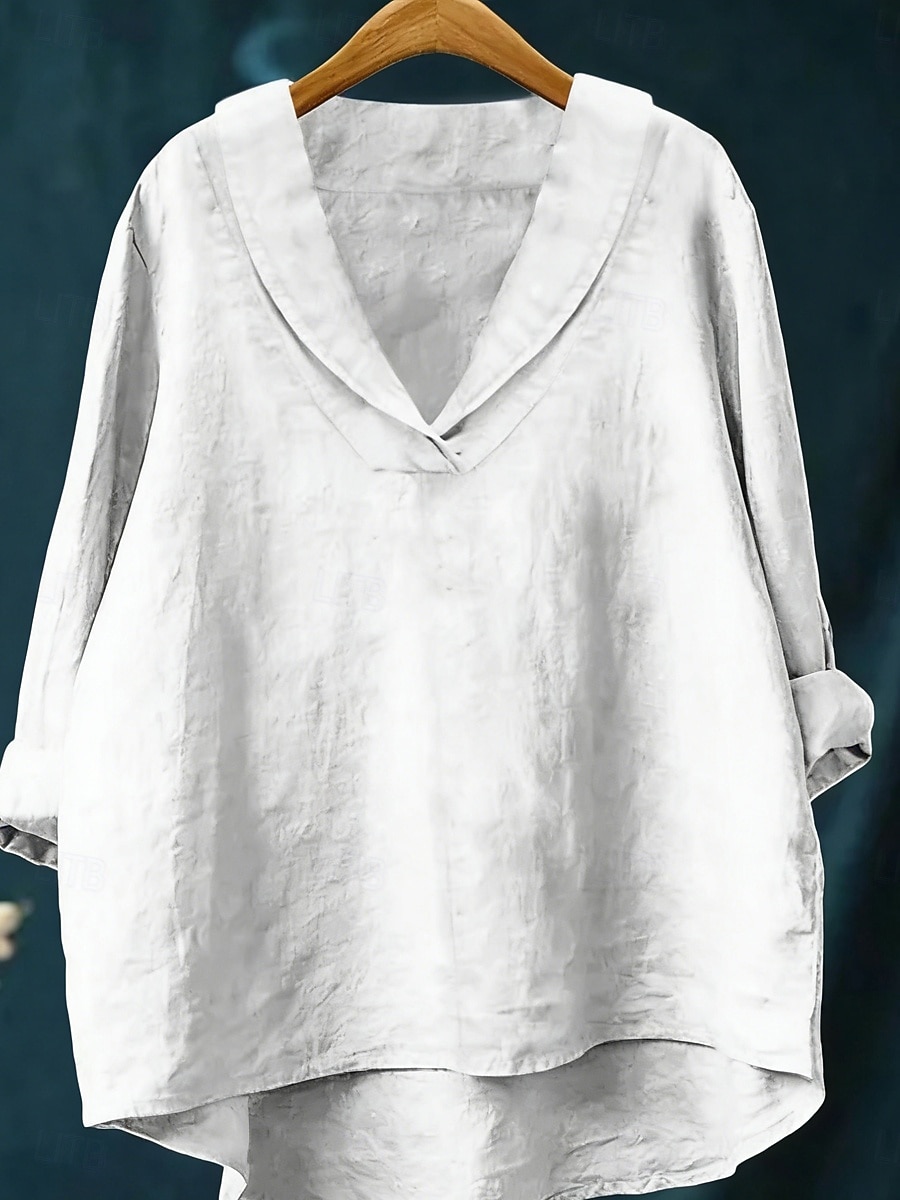 Mujer Camisa Camisas de algodón y lino Lino de algodón sintético Retazos Plano Elegante Clásico Moderno Manga Larga Escote en Pico Tops regulares Diario Festivos Noche Negro Blanco Amarillo Rojo Azul 2026 - $24.99 –P6