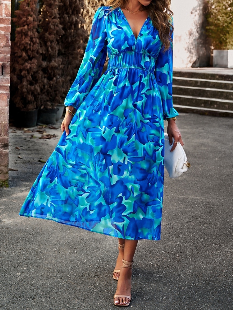 Per donna Abito Midi Abito a trapezio Vacanza Casual All'aperto Uscire Vestibilità regolare Floreale Manica Lunga Scollo a V Blu Verde Albicocca Estate Primavera Autunno del 2026 a $54.99 –P11