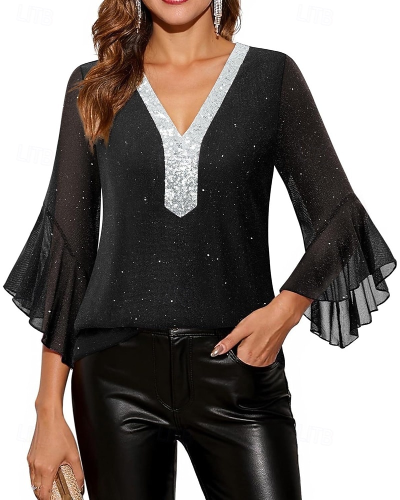 Mulheres Blusa Tops de lantejoulas Patchwork Bloco de cor à moda Moderno Manga 3/4 Sino Decote V Tops regulares Diário Feriado Para Noite Azul Preto Vermelho Verde Verão Primavera de 2026 por $31.99 –P8