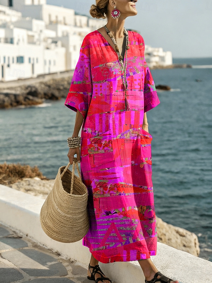 Γυναικείο Maxi Φόρεμα Λινό Σαφντ Dress Καθημερινό Χαλαρή Τακτοποίηση Γραφικό Αφηρημένο Μακρύ Μανίκι V Neck Μπλε Βασιλικό Μπλε Μωβ Πορτοκαλί Καλοκαίρι Άνοιξη 2026 - $44.99 –P4