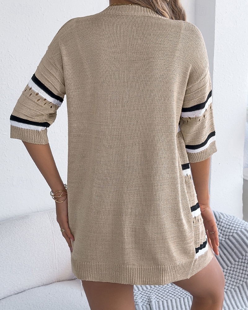 Dam Skjorta Blus Stickad Randig Stylish Klassisk Modern Halvlång ärm V-hals Vanliga toppar Dagligen Helgdag Utekväll Vin Brun Kaki Sommar Vår 2026 - $34.99 –P3