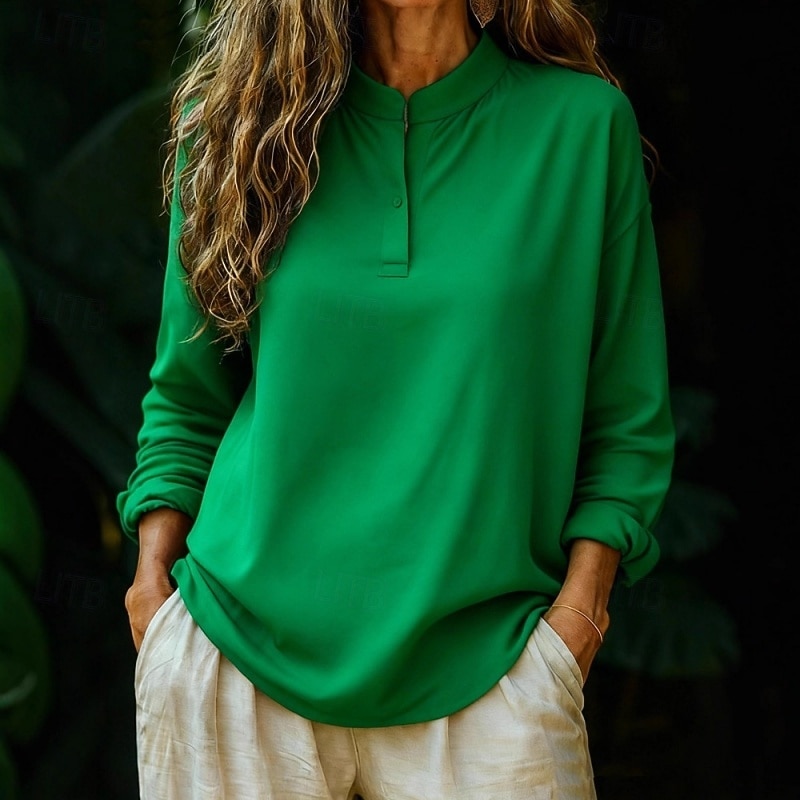 Жен. Рубашка Блуза Искусственный хлопок и лен Пуговицы Полотняное плетение Стиль Современное Длинный рукав Вырез под горло Обычные топы Повседневные Праздники На выход Белый Розовый Красный Зеленый 2026 - $18.49 –P4