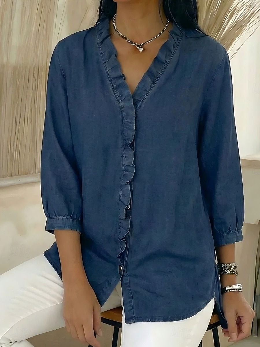 Per donna Camicia Estiva Camicia casual Blusa Volant Tinta unica Vacanza Vintage Elegante Manica 3/4 Scollo a V Top Regolari Quotidiano All'aperto Ferie Blu Nero Blu marino Albicocca Grigio Primavera del 2026 a $29.99 –P3