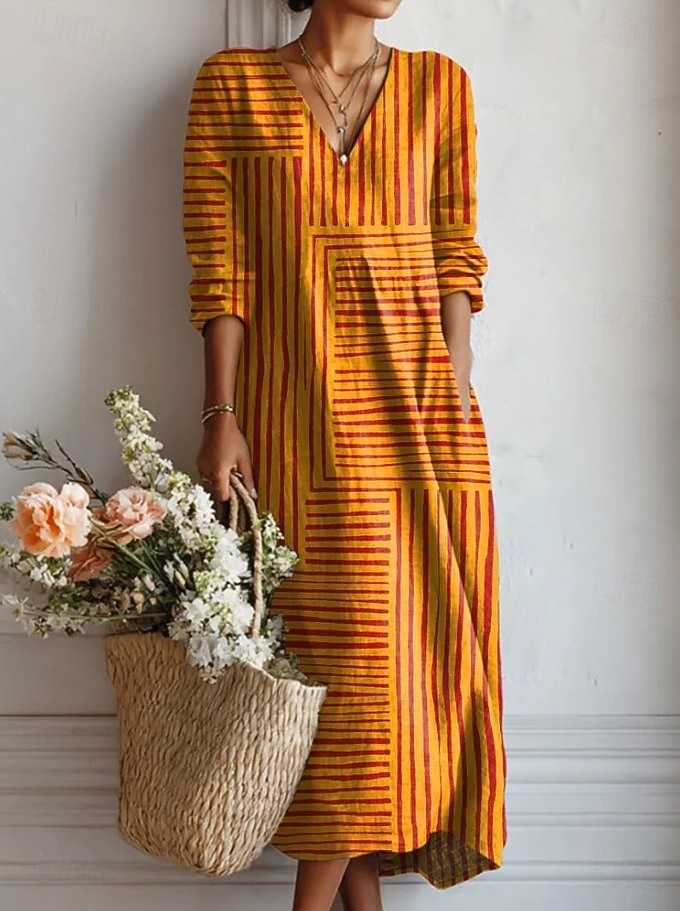 Women's Midi Dress Linen Like Sundress A Line Dress Vacation Casual Boho Holiday Loose Fit Graphic Geometric Color Block Long Sleeve V Neck Blue Orange Summer Spring 2026 - $43.99 –P1