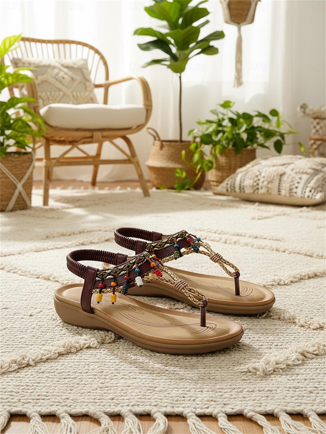 sandali da donna bohémien con cinturino a T e ciondoli di perline colorate – stile etnico vintage, comode scarpe basse da passeggio per vacanze al mare e località estive del 2026 a $32.99 –P2