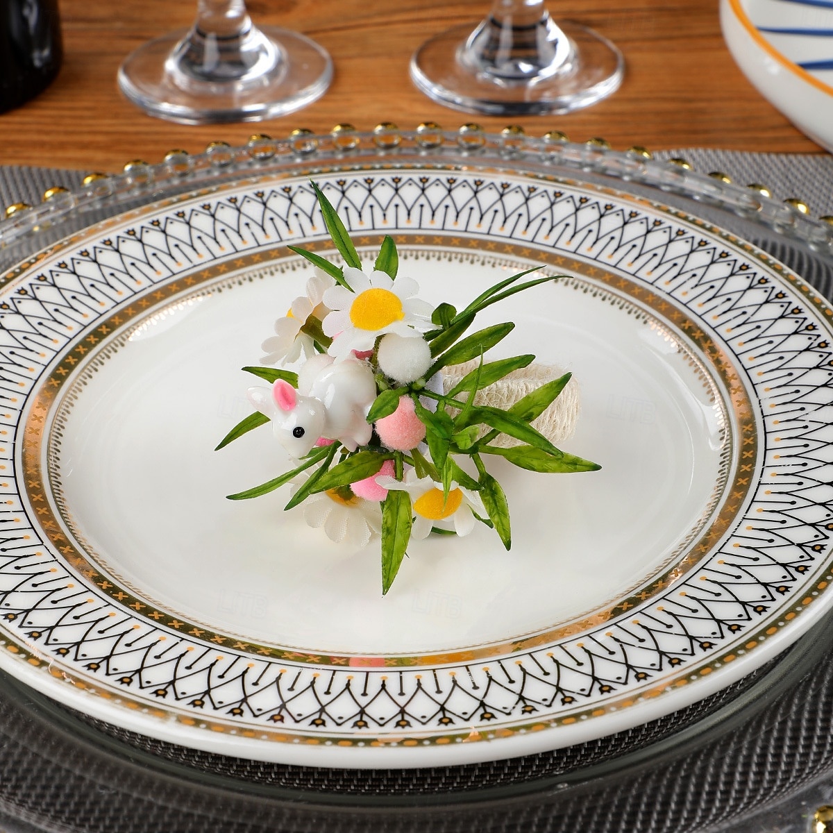 6 st servettringar med påskhare, servetthållare med vårblommor och kanin, spräckliga ägg och prästkragar, bordsdekorationer i lantlig stil för påskmiddag, gröna servettringar 2026 - $19.99 –P9
