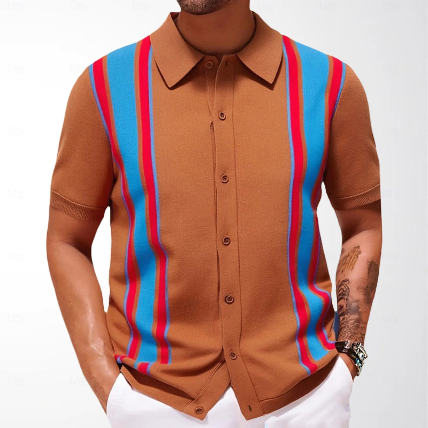 Bărbați Cămașă Cămașă casual Camașă cu nasturi Bleumarin Maro Manșon scurt Benzi verticale Guler Cămașă Casual Zilnic Îmbrăcăminte Elegant Modă Casual 2026 - $31.99 –P2