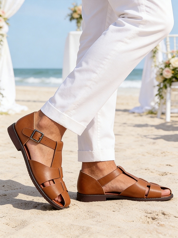 sandali da uomo in similpelle marrone con cinturini, design aperto traspirante, suola leggera e comoda, stile rilassato per matrimoni in spiaggia e occasioni estive del 2026 a $46.99 –P3