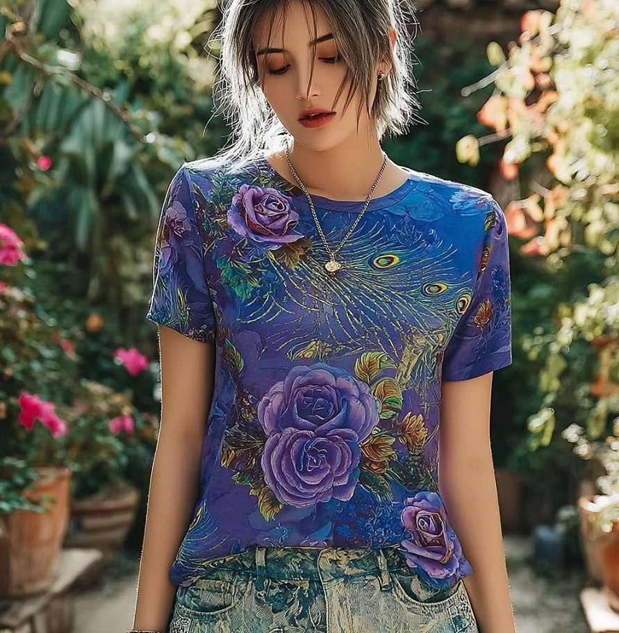 Women's T Shirt Print Floral Graphic Plants Vintage Stylish Classic Short Sleeve Crew Neck Regular Tops Daily Weekend Blue Purple Summer Spring 2026 - $22.99 –P1