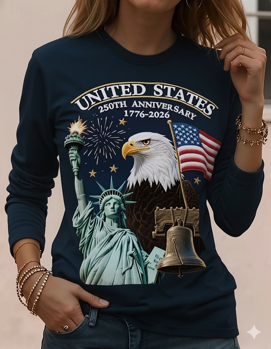 Día de la Independencia Aniversario Americano Patriótico Camiseta para Mujeres Gráfica Vintage Moda Estilo Manga Larga Cuello Redondo Diaria Fin de Semana Impresión Azul Negro Rojo Verde Verano 2026 - $21.99 –P1