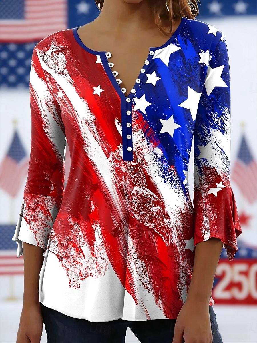Uavhengighetsdagen Patriotisk Kvinne Bluse Grafisk Flagg Elegant Stilig 3/4 Lengde Erme Crew Hals Vanlige Topper Daglig Gå Ut Volanger Knapper Hvit Rød Sommer Vår 2026 - $28.99 –P2