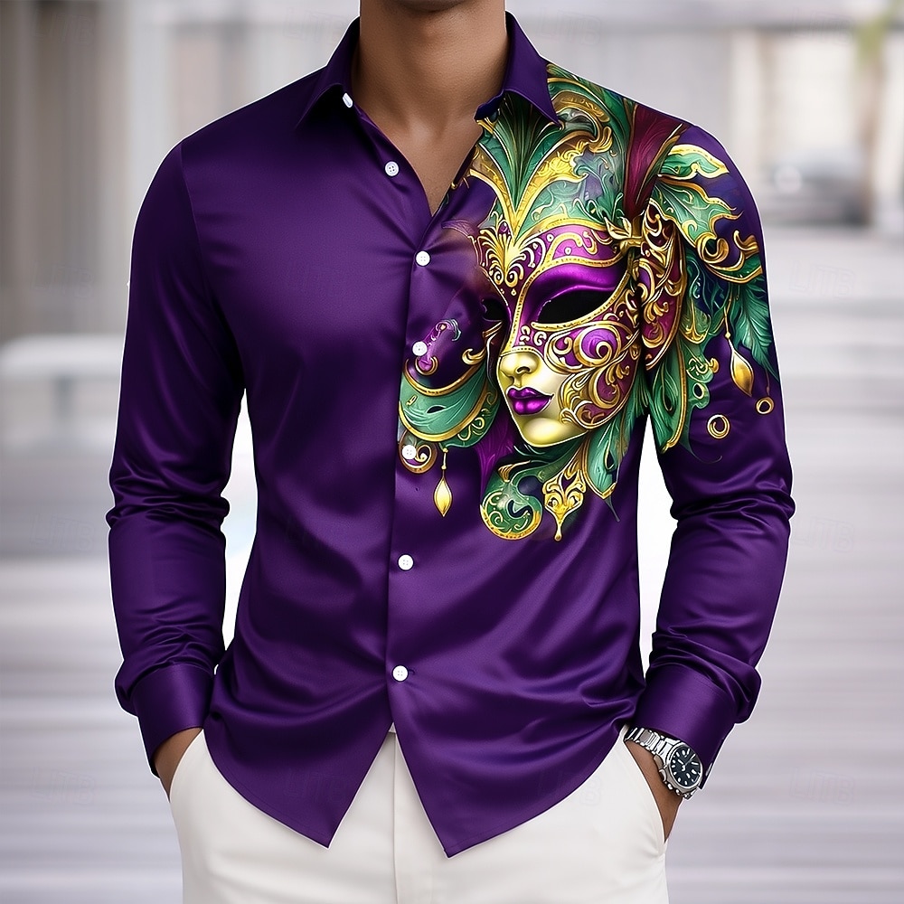 Martedì grasso Per uomo Carnevale Maschera con piume Camicia Camicia in raso Camicia elegante Manica Lunga Moda Casual Feste Ferie Estate Primavera Collo ripiegato Stampa 3D Camicie con bottoni Viola del 2026 a $29.99 –P1