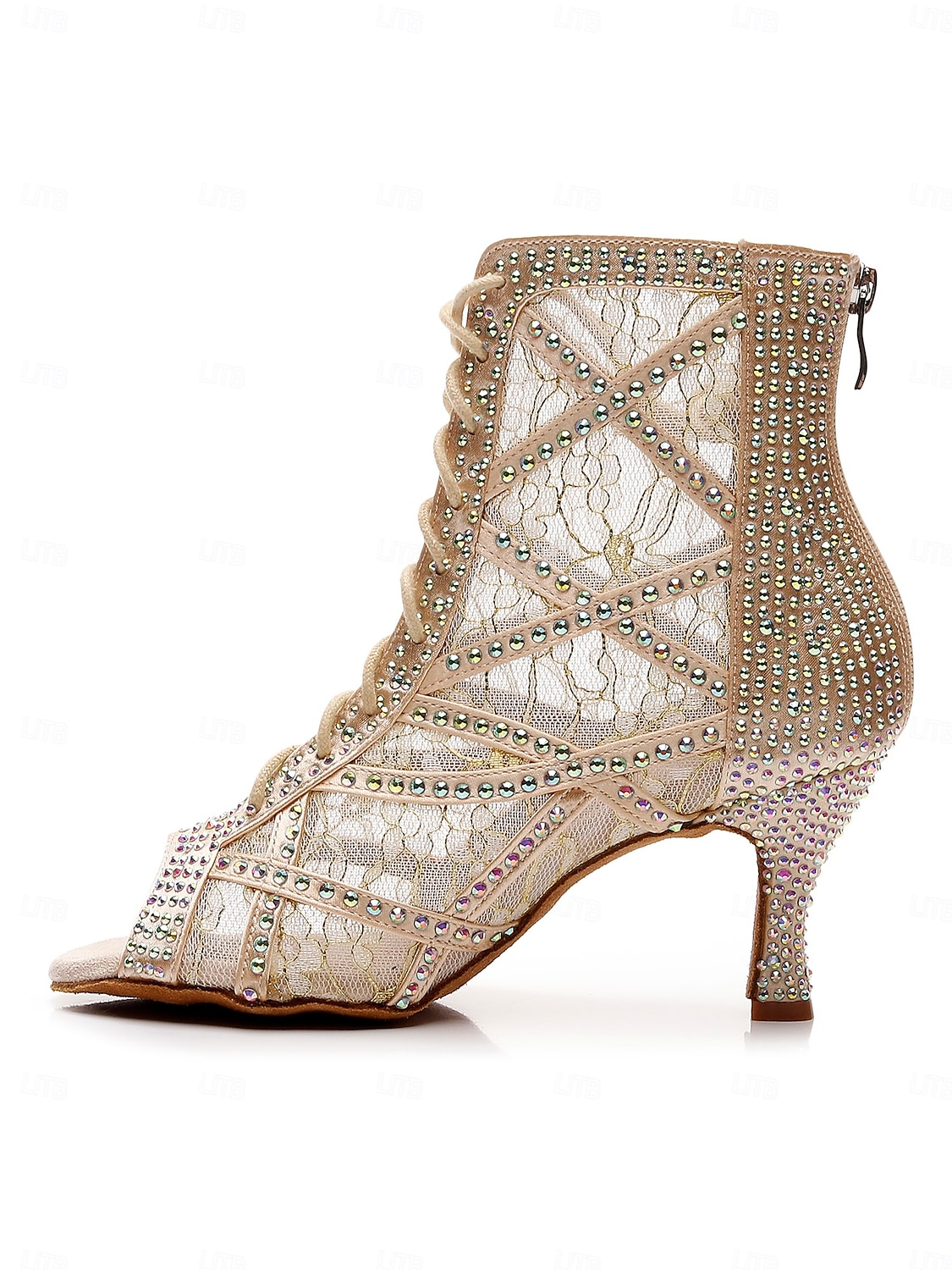 Women's Champagne Rhinestone Lace-Up Professional Dance Boots, Open Toe Mesh Latin & Ballroom Heels for Stage Performance 2026 - $64.99 –P3