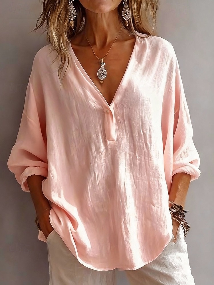 Blusa de mujer 100% algodón, color liso, estilo vintage, elegante, moderna, de manga larga, con cuello en V, para uso diario, festivo, salidas, blanca, rosa, azul cielo, verde, primavera y otoño. 2026 - $24.99 –P4