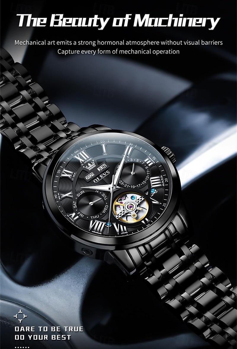 Новые мужские деловые часы Olevs с люминесцентным дисплеем, вечным календарем, календарем и отображением недели. Полностью механические часы с полым ротором для повседневного использования, 2026 - $97.99 –P3