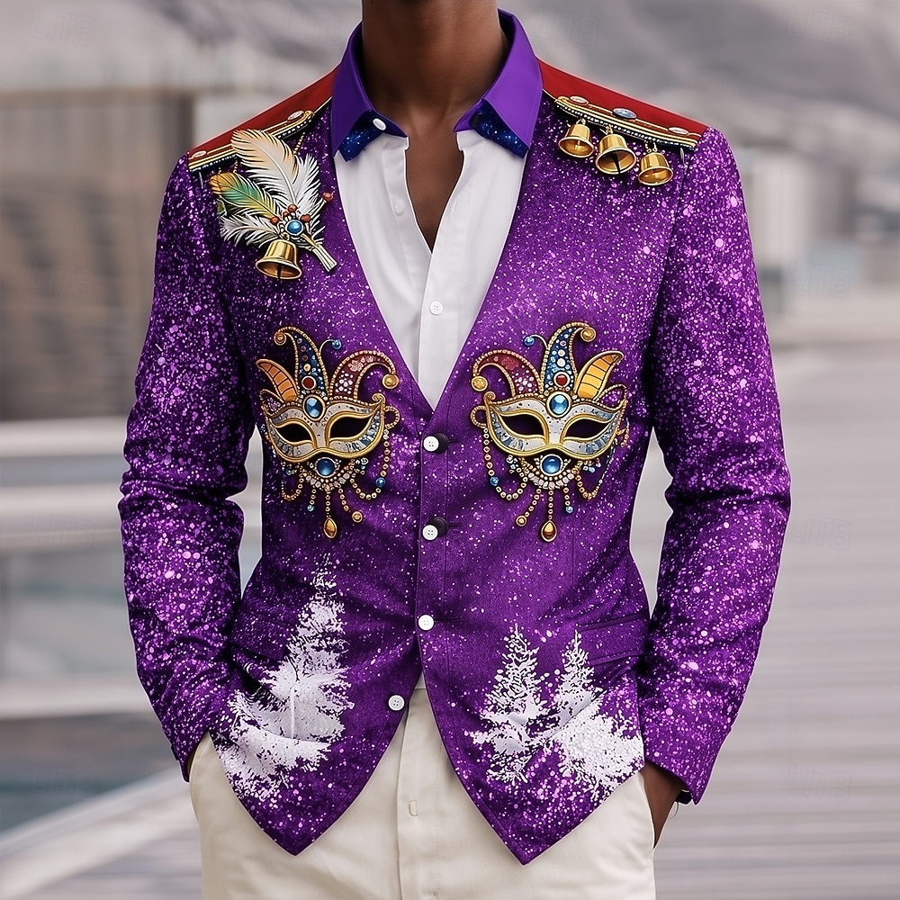 Mardi Gras Men's Carnival Faux Collar and Suit Design Mask with Feathers Shirt Button Up Shirt Long Sleeve Fashion Casual Party Holiday Spring Fall Turndown 3D Print Collared Shirts Purple Green Dark 2026 - $20.99 –P1