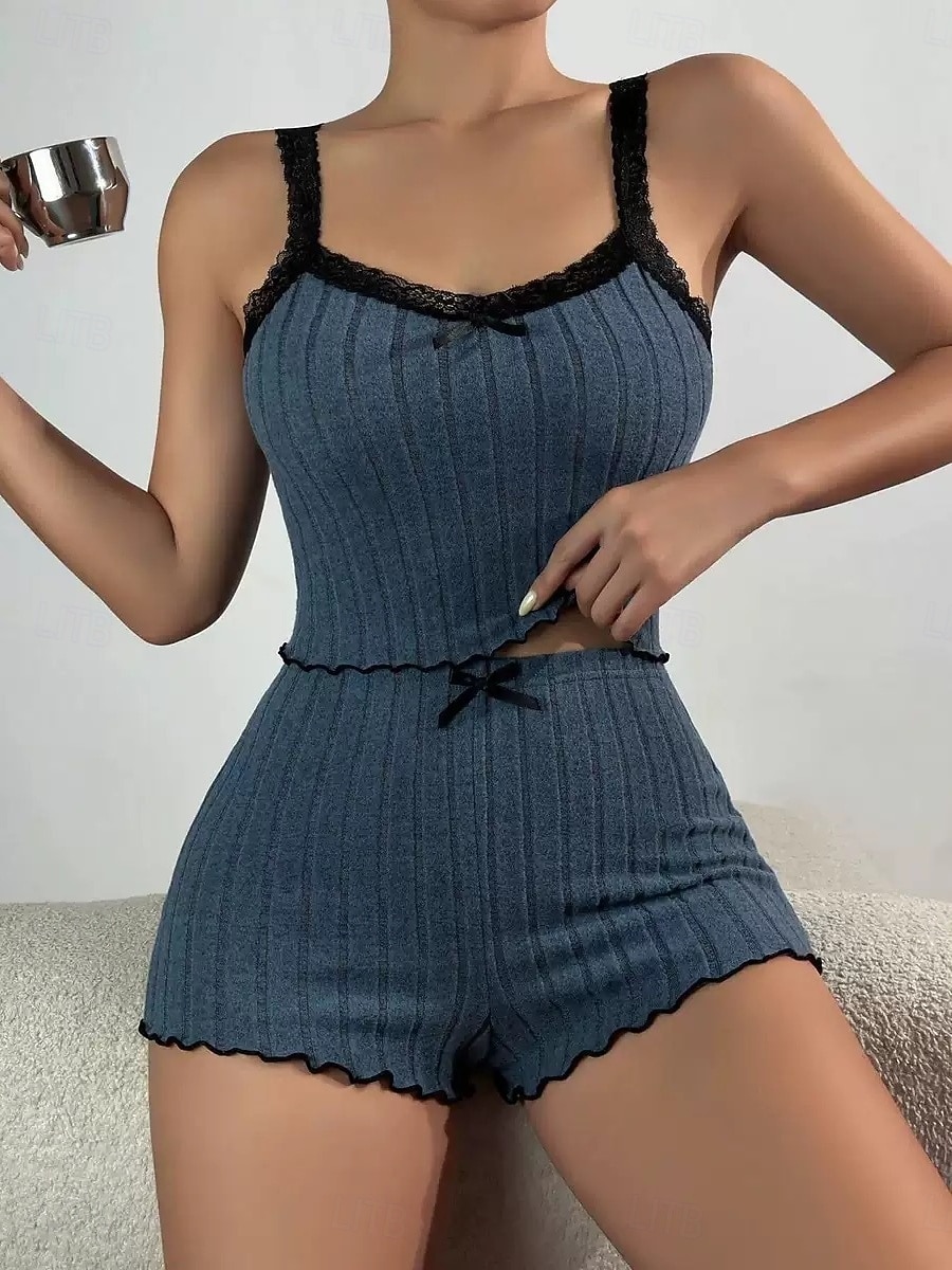 Femmes Ensemble Pyjama Occasionnel Confort Couleur Unie Dentelle Taille Élastique Shorts Quotidien Maison Sans manches Bretelles Bleu Blanche Rose Claire Vin Gris Été Printemps Coupe régulière de 2026 ? $14.99 –P17