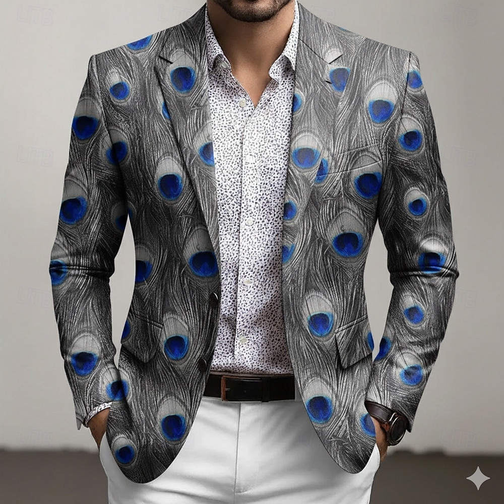 Homens Penas Jaqueta Blazer Casaco Confortável Respirável Artistíco Casual Diário Traje de festa para noite Impressão 3D Botões Bolso multi Outono & inverno Primavera Entalhe Manga Longa Roxo Verde de 2026 por $85.99 –P3