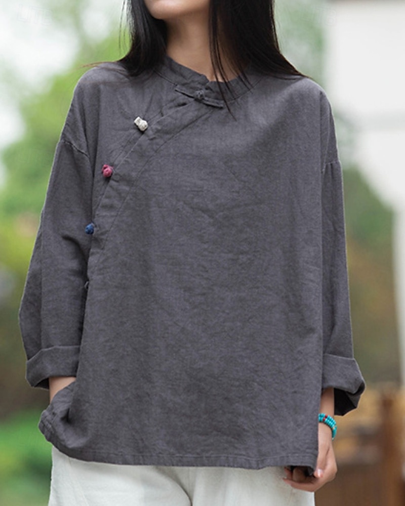 Camicia da donna a maniche lunghe con colletto alla coreana in lino biologico del 2026 a $45.99 –P13