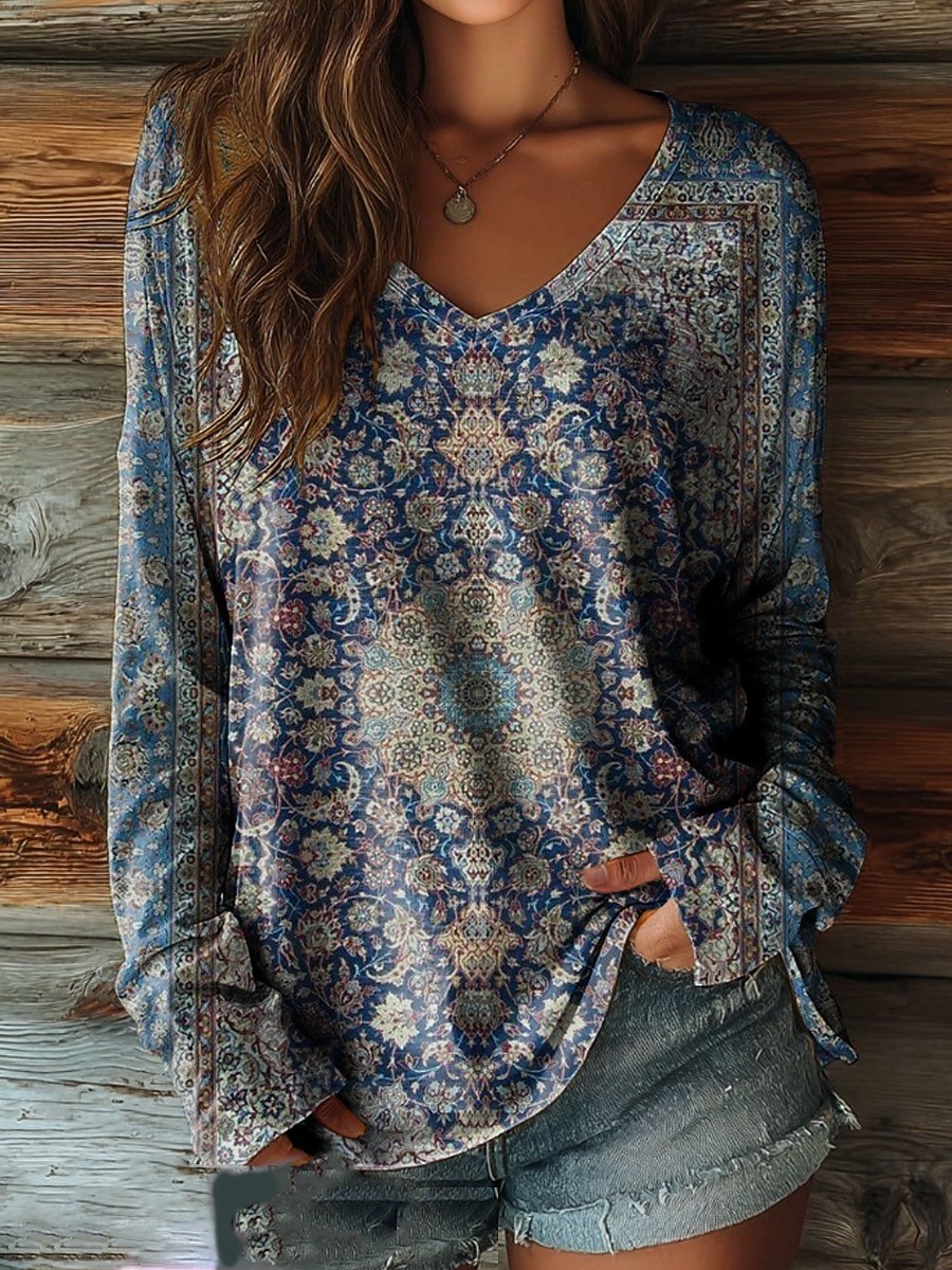 Maglietta Boho da donna con grafica floreale piante vintage elegante casual maniche lunghe scollatura a V tops regolari stampa blu nero rosso estate primavera del 2026 a $24.99 –P2