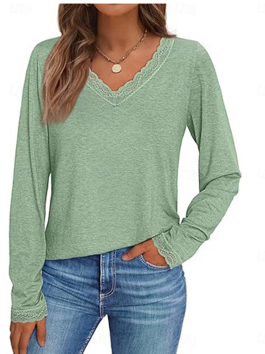 Women's T-Shirt  Solid Color Stylish Casual Long Sleeve V Neck Regular Tops Daily Lace Patchwork Blue Black White Green Dark Gray Spring Fall Winter 2026 - $24.99 –P5