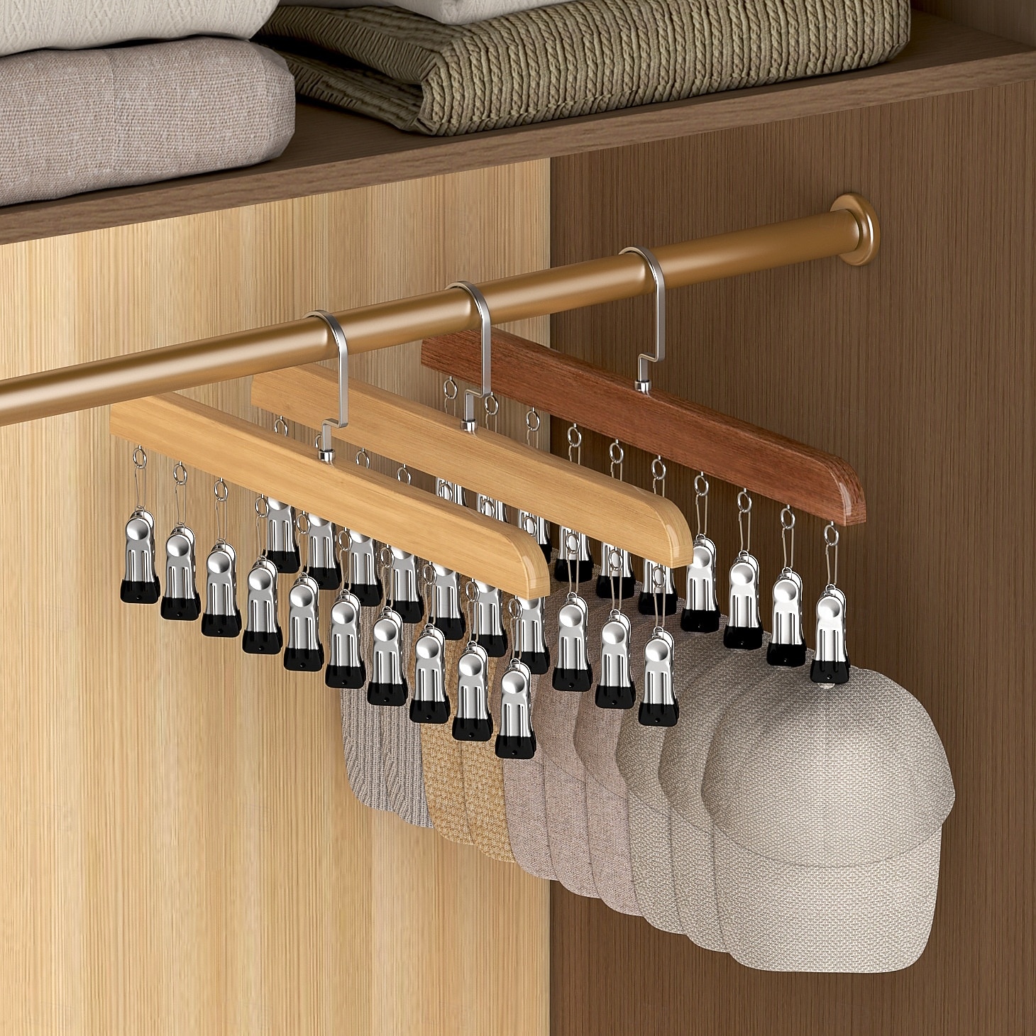 Organizator de dulap cu 10 cleme - organizator de dulap suspendat, economisitor de spațiu, cleme metalice rotative la 360° cu căptușeală din silicon, cârlige multifuncționale pentru umerașe din lemn 2026 - $8.99 –P3
