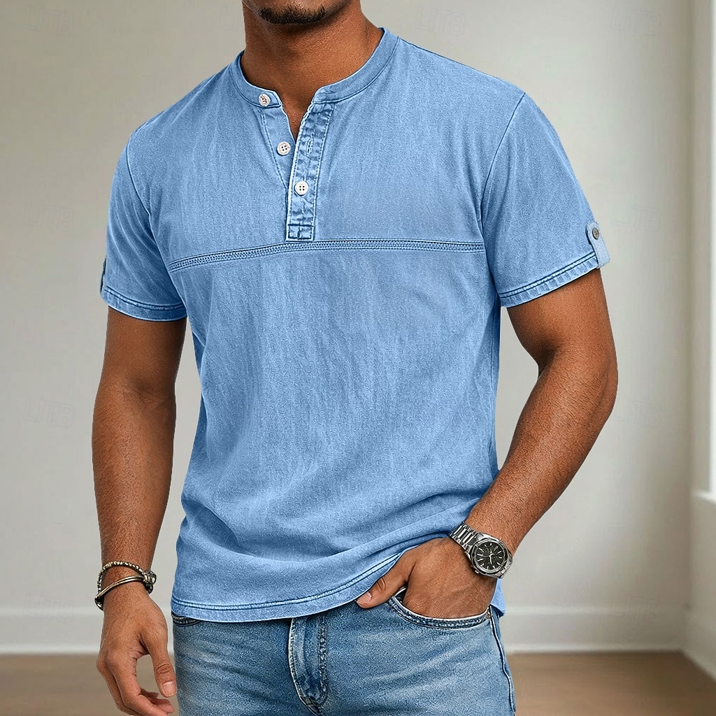 Men's Henley Shirt 100% Cotton Acid Wash Shirt Short Sleeve Henley Summer Spring Fall Plain Retro Vintage Casual Vintage Style Washed Casual Light Blue Dark Brown Black Top Tee for Men 2026 - $31.99 –P1