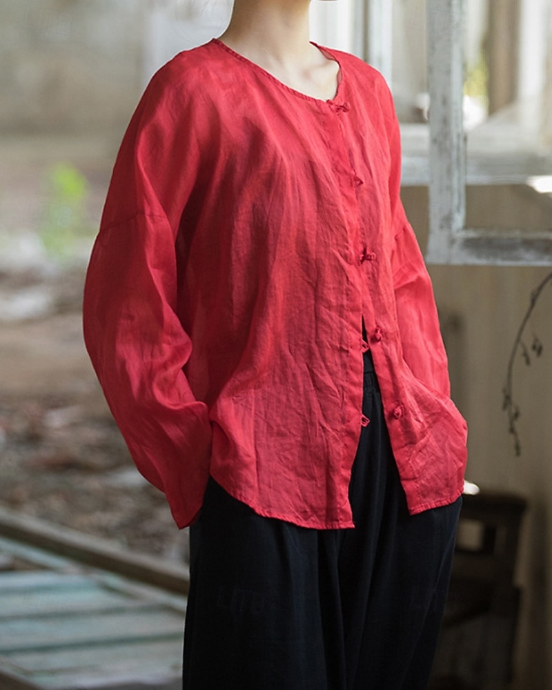 Camisa feminina 100% linho, blusa com botões, lisa, estilo vintage, manga longa, gola redonda, tops regulares para uso diário, férias, sair, nas cores preto, rosa, vermelho e verde, para verão e primavera. de 2026 por $45.99 –P11