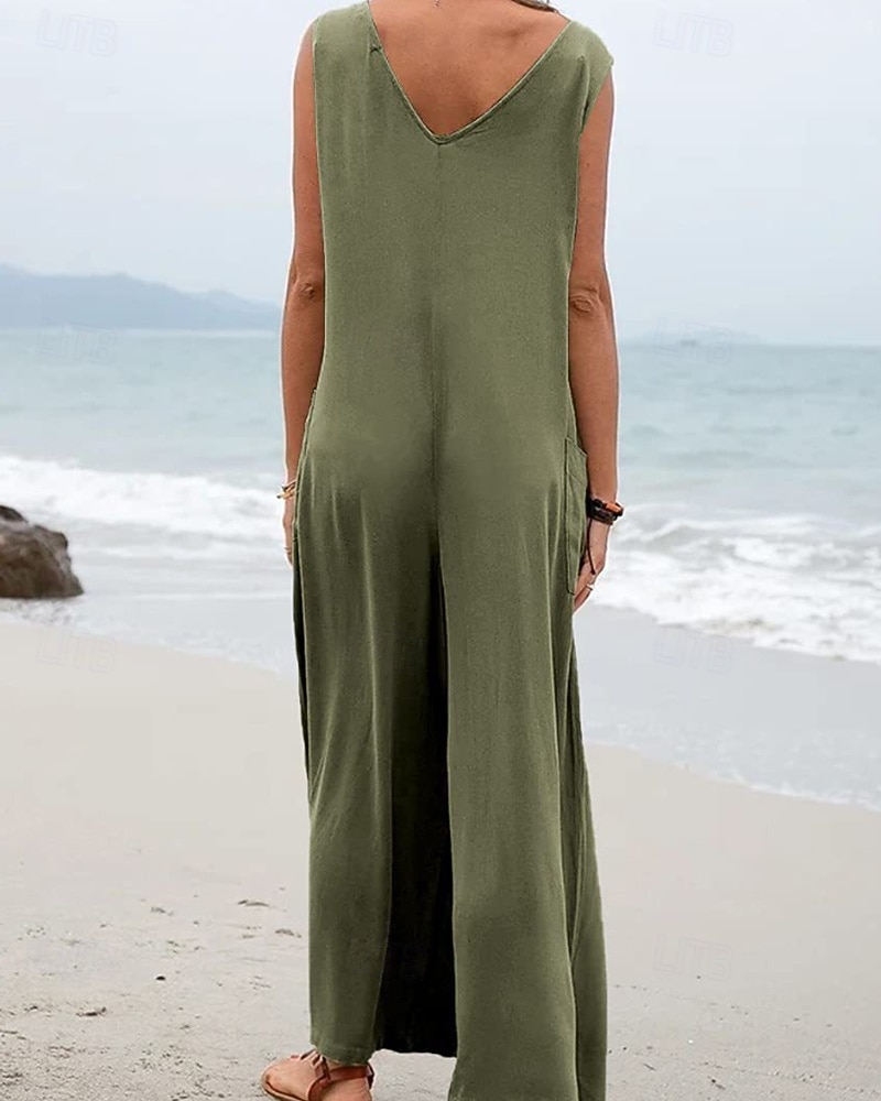 Per donna Normale Tuta Attivo Tinta unica Senza Maniche Gamba larga Scollo a V Tasca Quotidiano Vacanza Vestibilità comoda Nero Rosa Verde Estate del 2026 a $28.99 –P13