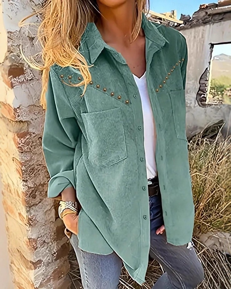 Per donna Camicia Camicia button-down Camicia casual Tasca Bottoni Semplice Vintage Elegante Classico Manica Lunga Colletto a Camicia Top Regolari Quotidiano Ferie Uscire Marrone Verde Estate del 2026 a $42.99 –P7