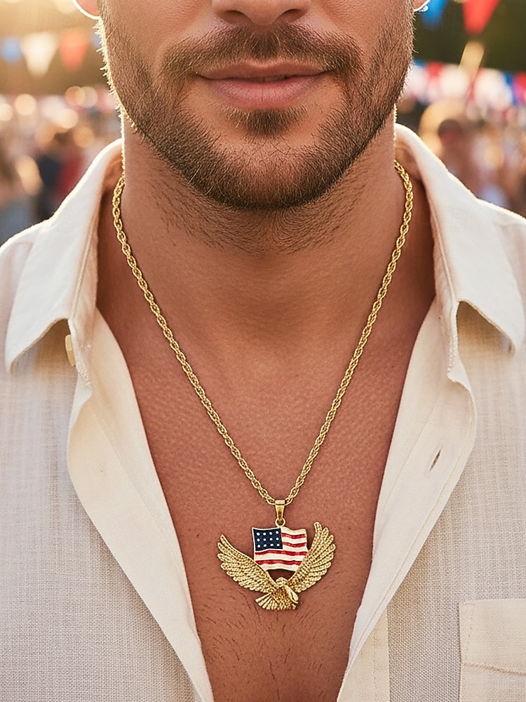 שרשרת אלומיניום של גברים עם pendant של עיט ודגל ארה"ב זמינה בזהב ובכסף אידיאלית לחג העצמאות ולחגיגות 2026 - $9.99 –P1