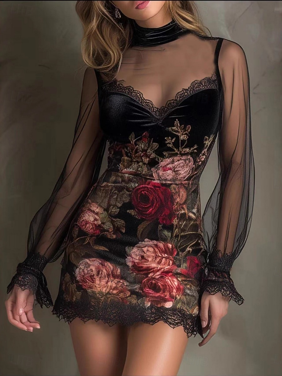 Damen Minikleid Bodycon Blumenkleid Mode Modern Outdoor Urlaub Party Normale Passform Blumen Langarm Rollkragen Blau Gelb Rosa Frühling Herbst 2026 - $35.99 –P1