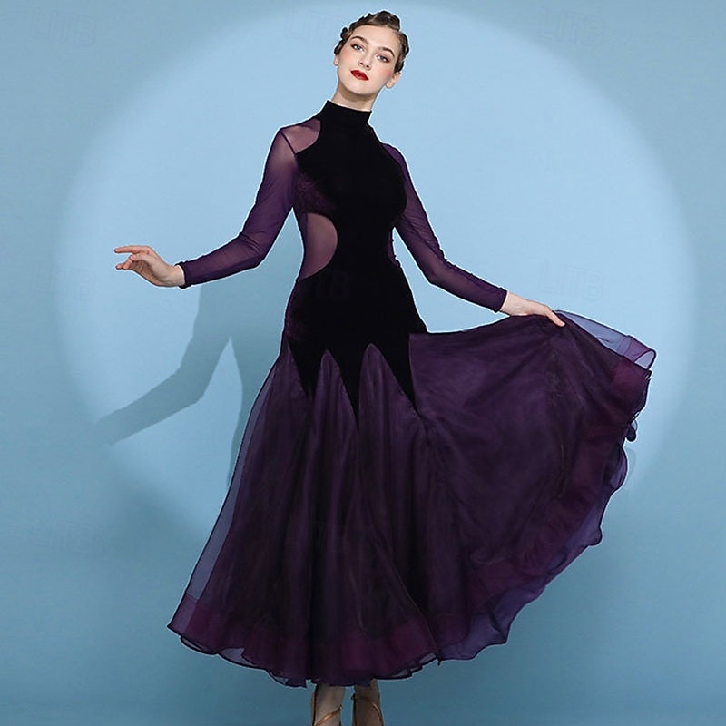Damen-Ballsaalkleid, hochgeschlossen, langärmelig, mit Mesh-Einsätzen, Walzerkleid, Modern Standard, Wettkampf-Tanzbekleidung, lila 2026 - $150.99 –P2